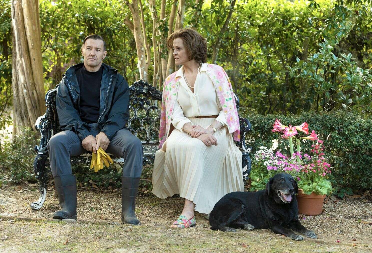 Joel Edgerton and Sigourney Weaver in the movie "Master Gardener."