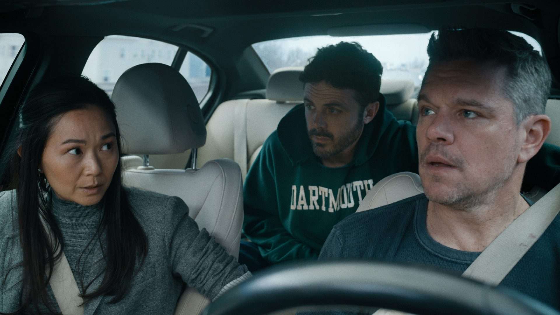 Hong Chau as Dr. Donna Rivera, Casey Affleck as Cobby & Matt Damon as Rory in The Instigators (2024). 