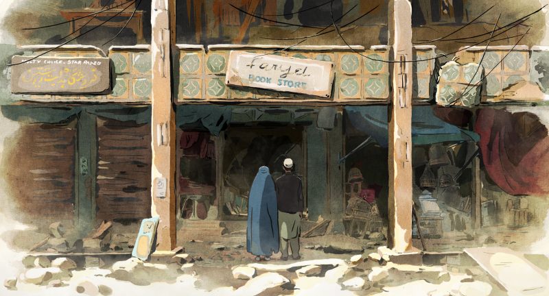 Mohsen and Zunaira standing in front of a ruined Book store in the animated film - The Swallows Of Kabul