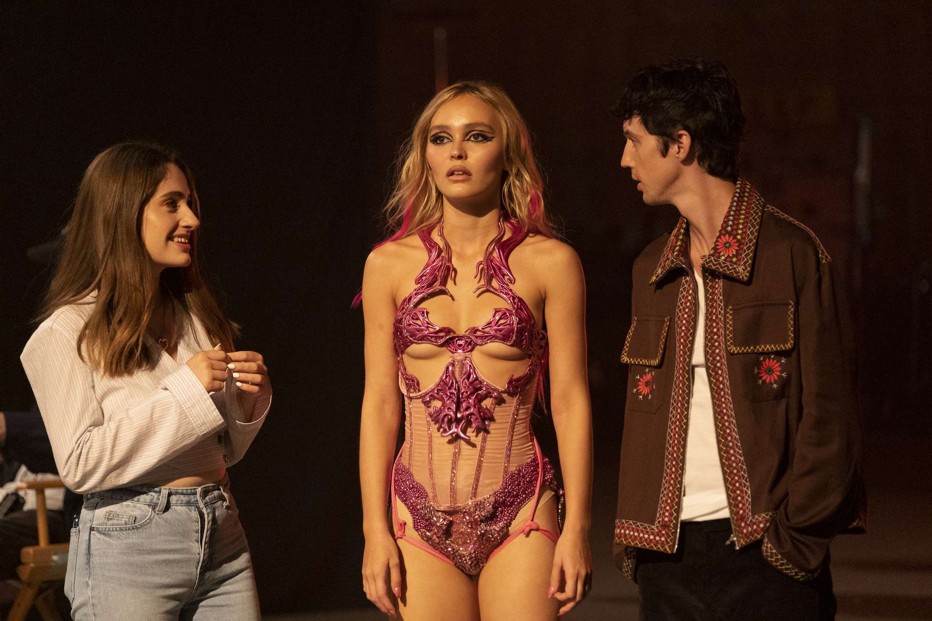 Rachel Sennott, Lily-Rose Depp, Troye Sivan in The Idol, Episode 2 (Photograph by Eddy Chen/HBO). 