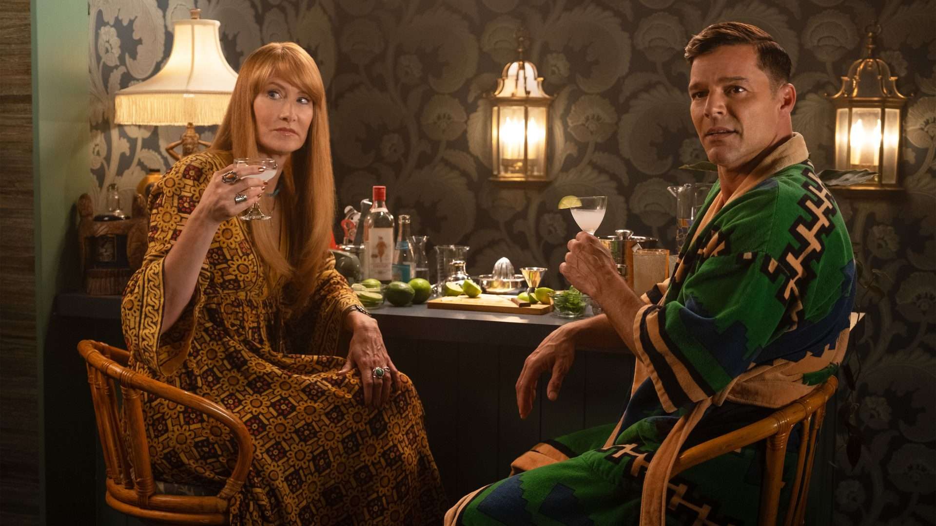 Laura Dern as Linda Shaw & Ricky Martin as Robert as Palm Royale Episode 3. 
