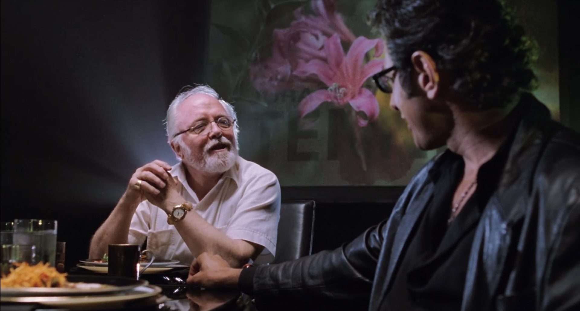 Richard Attenborough and Jeff Goldblum in a scene from Jurassic Park 1993