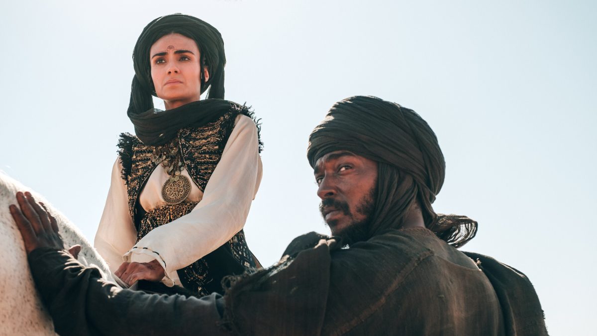Actors Anthony Mackie and Aiysha Hart in costume as Hanzala and Princess Hind in the film Desert Warrior.