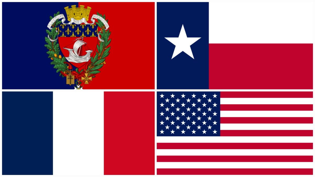 Flags of Paris, Texas, USA, and France (clockwise from top left)
