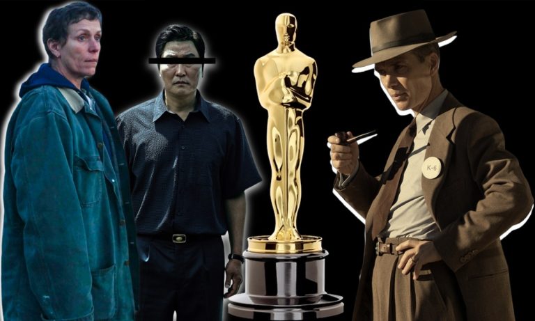Collage featuring posters from Parasite, Nomadland, Oppenheimer alongside an Oscar style golden lighting effect.