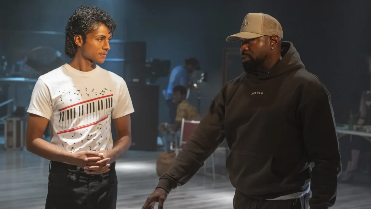 Jaafar Jackson as Michael Jackson and director Antoine Fuqua on the set of ‘Michael’