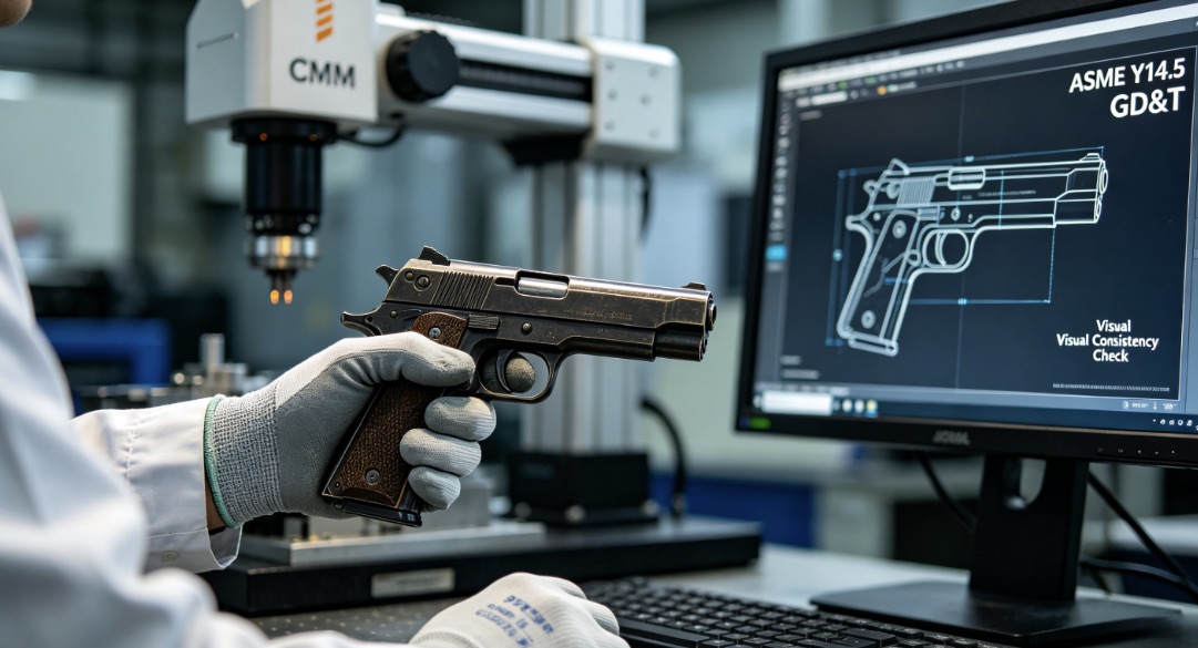 Close-up, realistic shot of an engineer's gloved hand holding a film prop firearm component, with a CMM arm and "ASME Y14.5 GD&T" annotations visible on a screen.